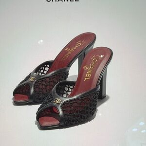 CHANEL Black Mesh Open-Toe Mule Heels with Burgundy Insole